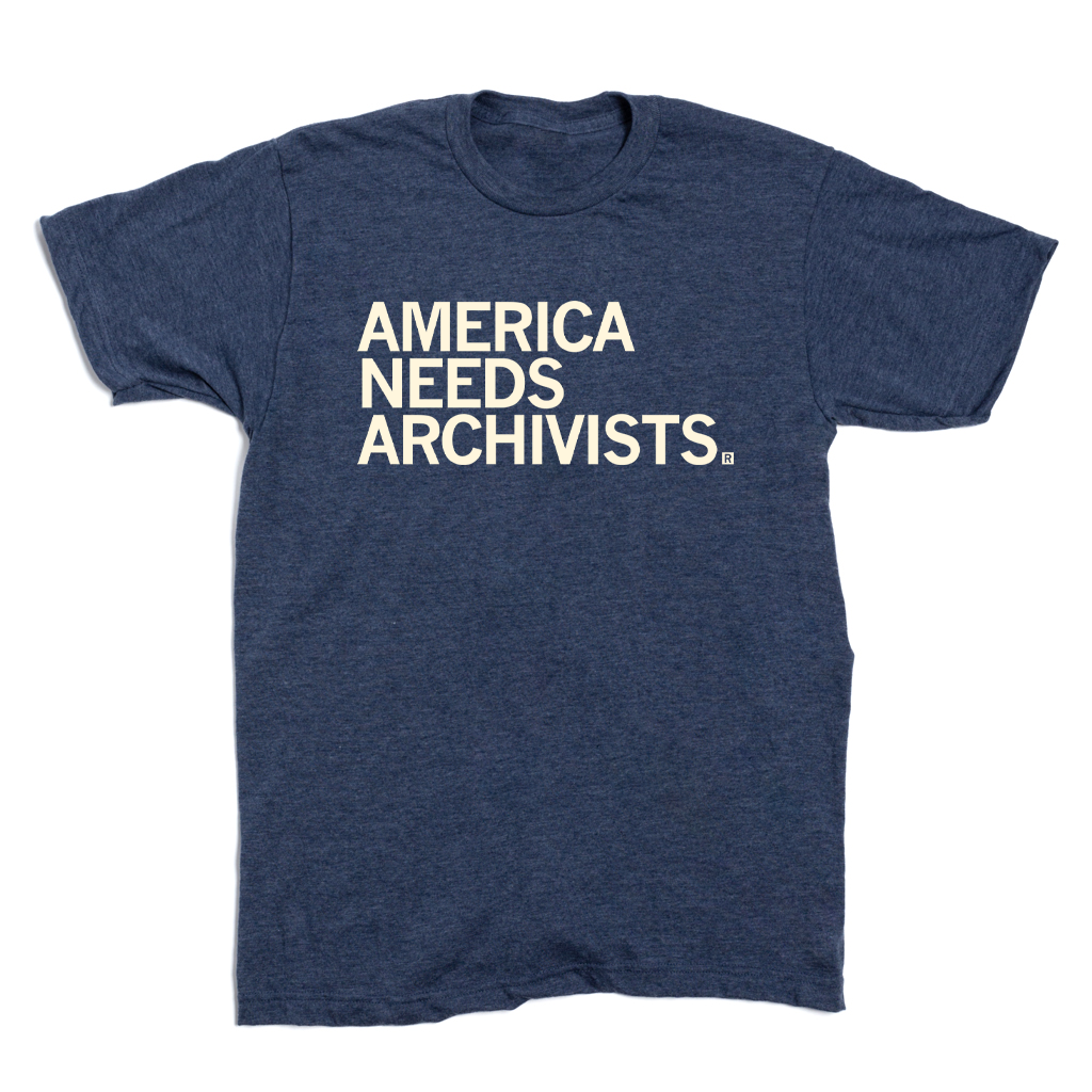 Heathered blue union-made t-shirt with the text AMERICA NEEDS ARCHIVISTS. printed in cream on the chest.