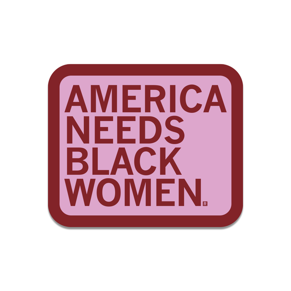 A pink square sticker with rounded edges, a red boarder, and red text that reads 