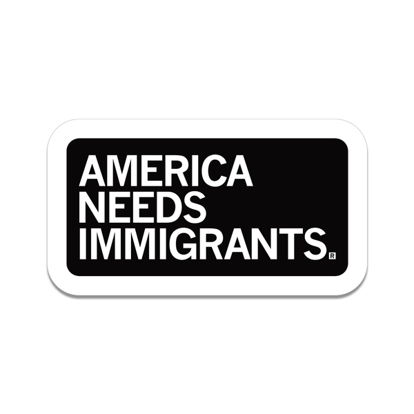 Black rectangular sticker with rounded edges, a white boarder, and white text that reads 