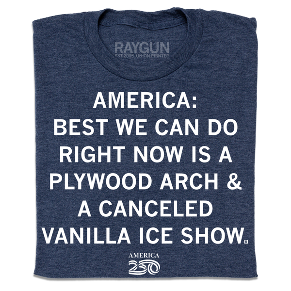 A folded heather navy t-shirt with centered white ink text that reads 