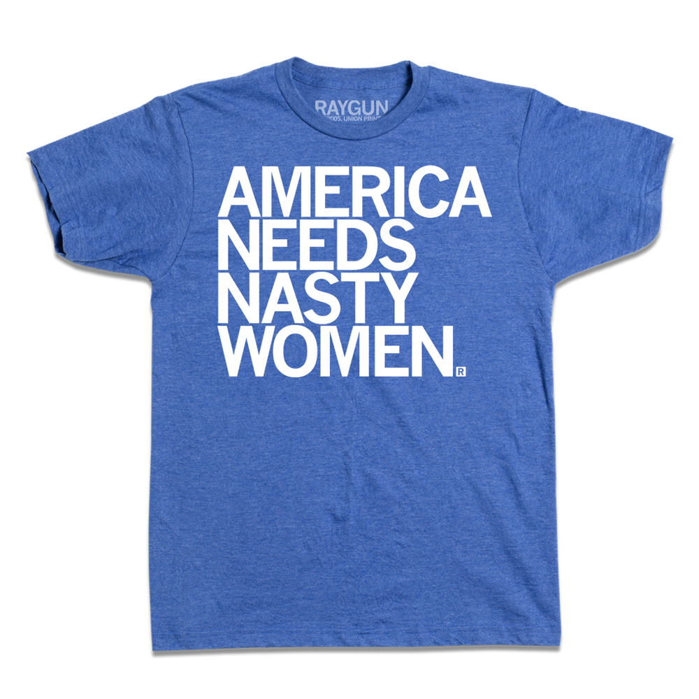 Short-sleeve heather royal blue tee with left-aligned white text that says, "AMERICA NEEDS NASTY WOMEN."
