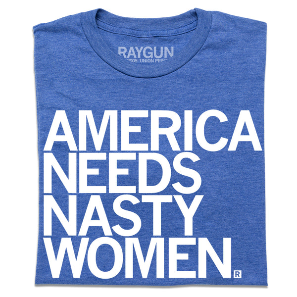 A folded heather royal blue t-shirt with all caps white text that says, 