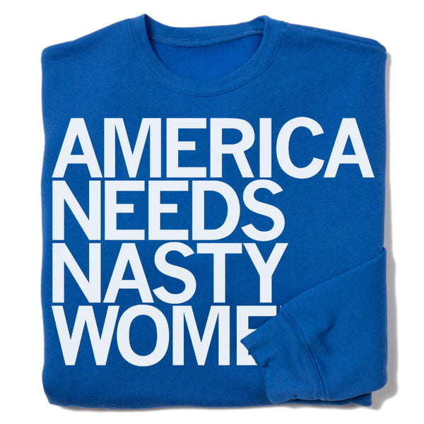 A folded royal blue sweatshirt with left-aligned white print text that reads 