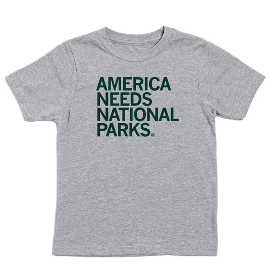 Gray union labor t-shirt featuring the text AMERICA NEEDS NATIONAL PARKS. printed in dark green.