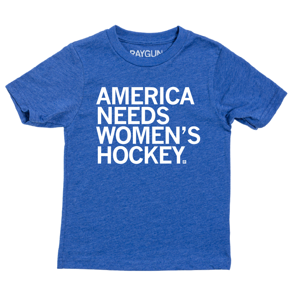 A youth sized heather royal t-shirt with left-aligned white ink text that reads "America Needs Women's Hockey"