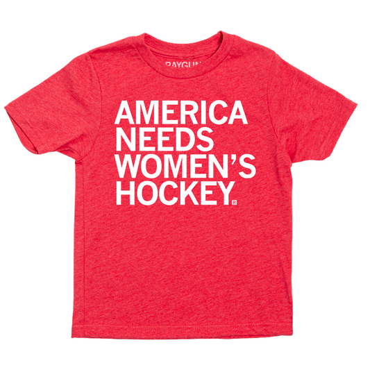 A youth sized heather red t-shirt with left-aligned white ink text that reads "America Needs Women's Hockey"