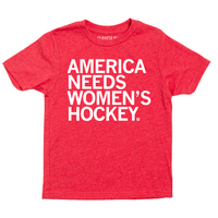 A youth sized heather red t-shirt with left-aligned white ink text that reads "America Needs Women's Hockey"
