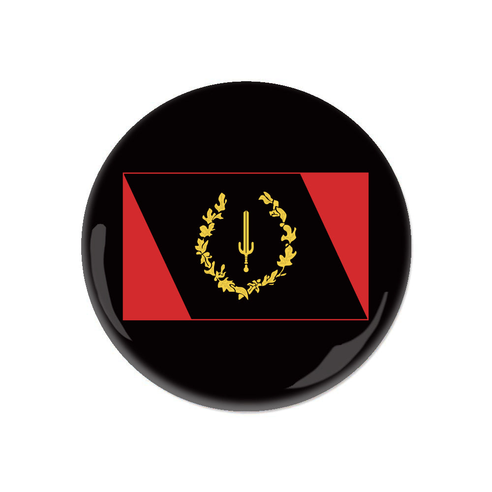 A black button with the Black American Heritage Flag centered on it.