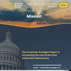American Sunlight Project website header with navigation, a donate button, and the mission: The American Sunlight Project is increasing the cost of lies that undermine democracy, shown here on a union made heather denim t-shirt.