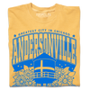 Folded heather mellow yellow t-shirt with bright blue print. Text from top-to-bottom reads "GREATEST CITY IN CHICAGO. ANDERSONVILLE. CHICAGO. SWEDE SOMMAR CHILD." There's an illustration of the Andersonville Swedish flag water tower in the center, surrounded by flowers.