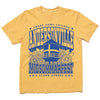 Mustard yellow RAYGUN T-shirt featuring a blue graphic of the Andersonville water tower, flowers, and the text Andersonville Midsommarfest and Swede Home Chicago.