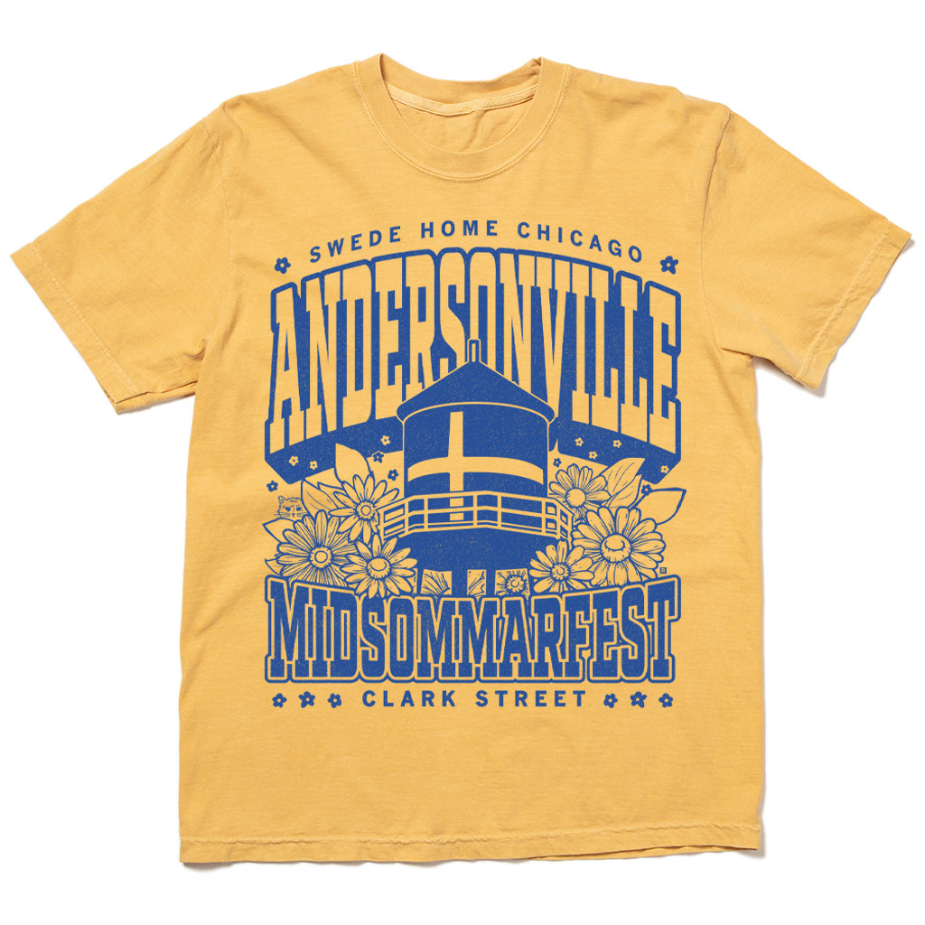 Mustard yellow RAYGUN T-shirt featuring a blue graphic of the Andersonville water tower, flowers, and the text Andersonville Midsommarfest and Swede Home Chicago.