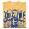 Mustard yellow RAYGUN t-shirt featuring a blue graphic with Swede Home Chicago and Andersonville text above an illustration of a water tower and flowers.