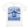 White union-made t-shirt featuring a blue graphic of a water tower, flowers, and the text Swede Home Chicago, Andersonville, and Midsommarfest Clark Street.