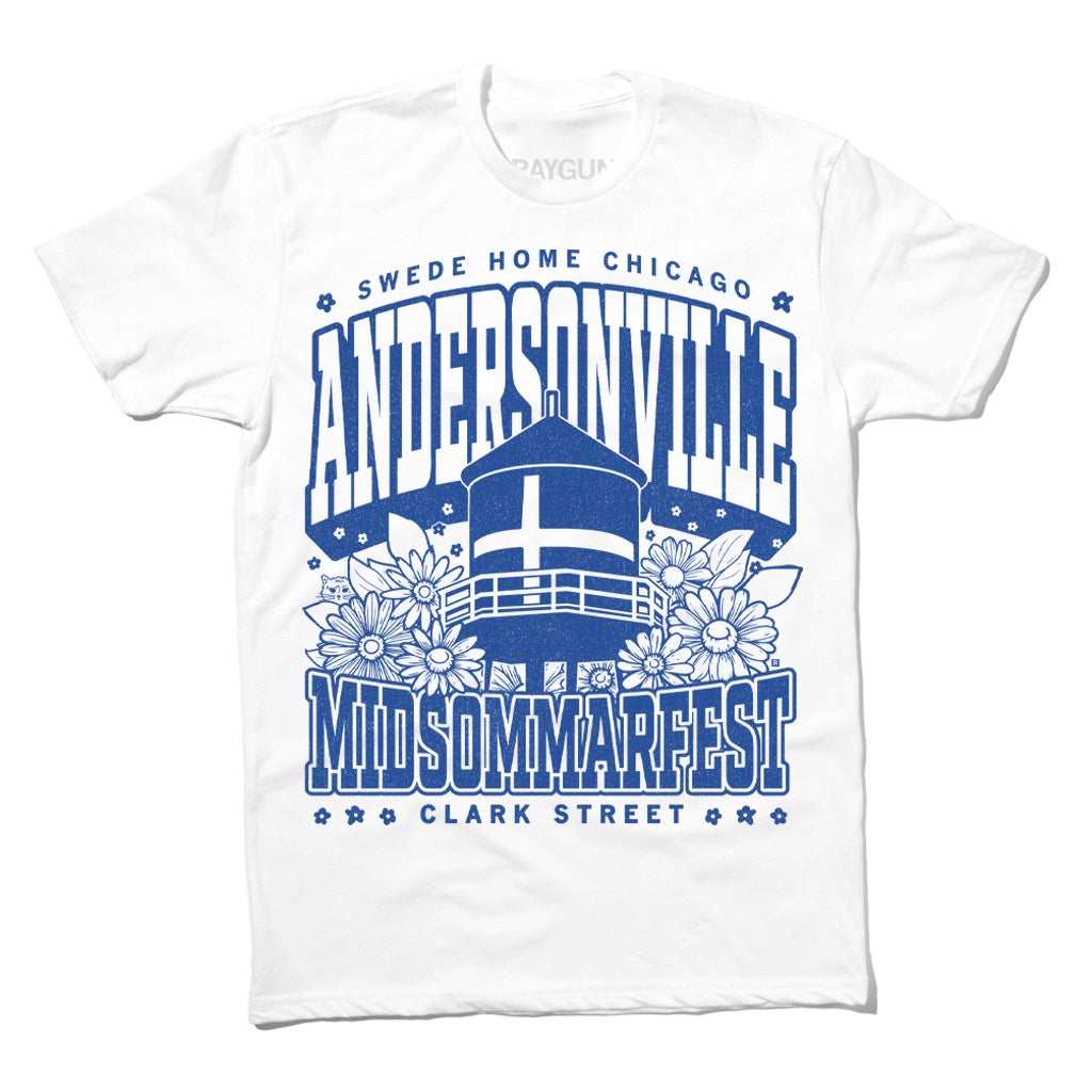 White union-made t-shirt featuring a blue graphic of a water tower, flowers, and the text Swede Home Chicago, Andersonville, and Midsommarfest Clark Street.