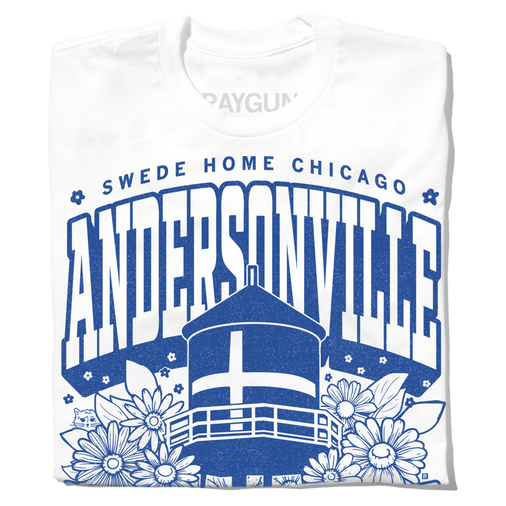 White union-made t-shirt featuring a blue graphic of a water tower, flowers, and the text SWEDE HOME CHICAGO ANDERSVILLE.