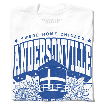 White union-made t-shirt featuring a blue graphic of a water tower, flowers, and the text SWEDE HOME CHICAGO ANDERSVILLE.