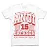 White Andi Jackson t-shirt with red graphic text reading Jump Like Jackson, 15 over a volleyball icon, Jackson, and Ms. Jackson Isnt Sorry.