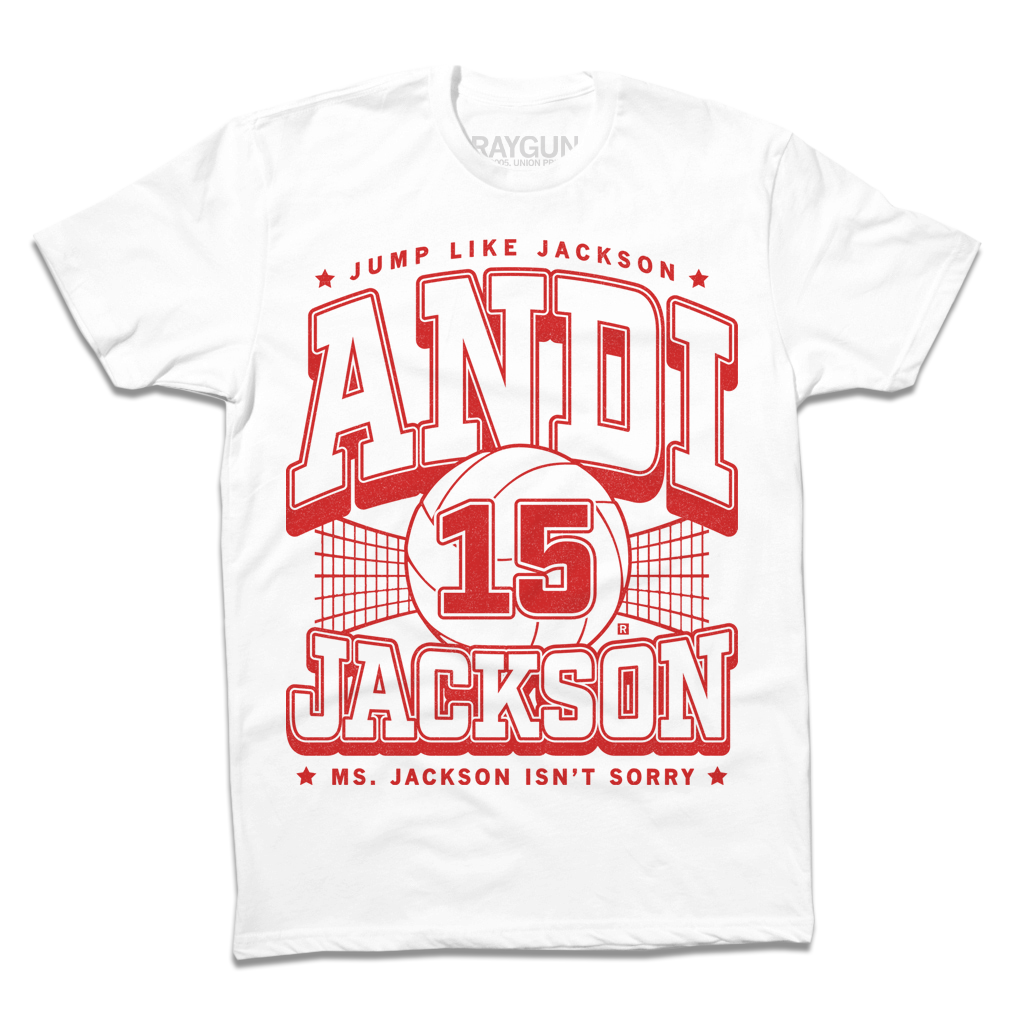 White Andi Jackson t-shirt with red graphic text reading Jump Like Jackson, 15 over a volleyball icon, Jackson, and Ms. Jackson Isnt Sorry.