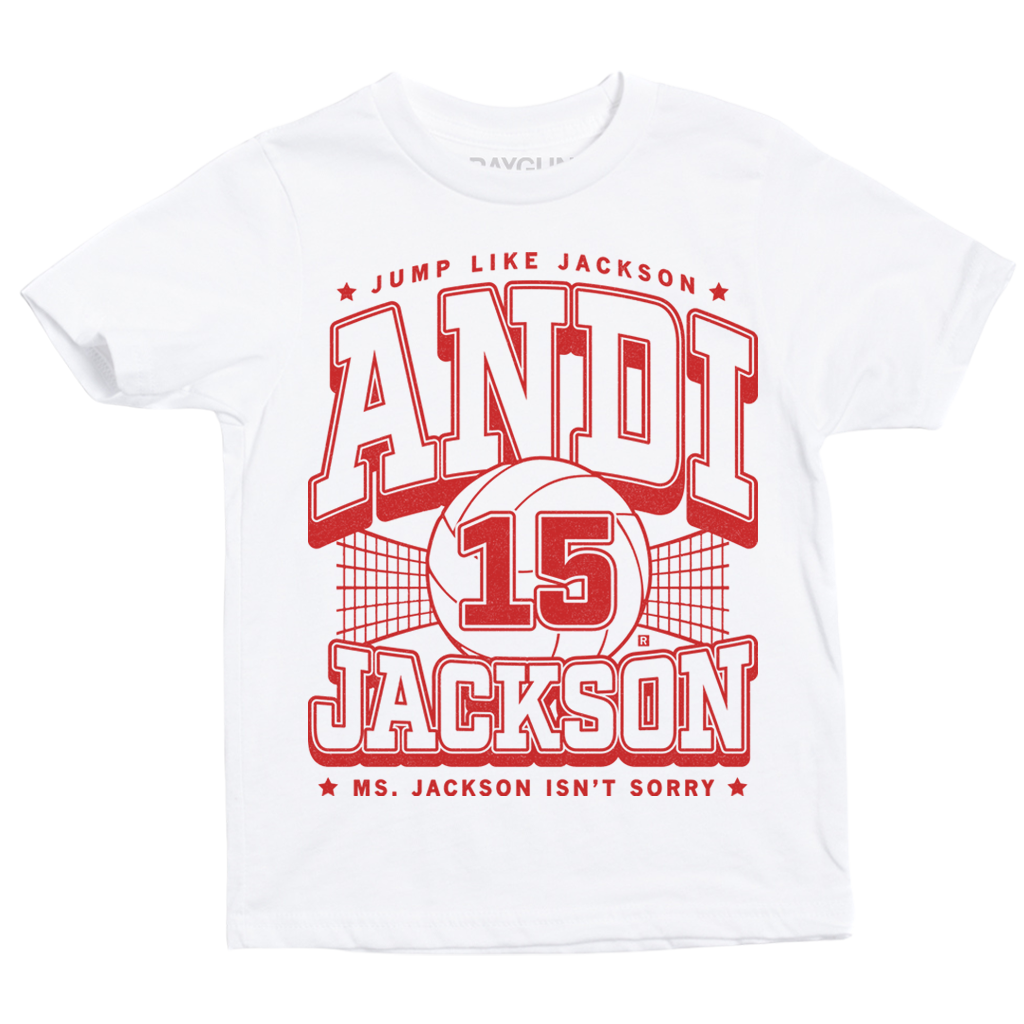 White Andi Jackson cotton t-shirt featuring a red graphic with the text JUMP LIKE JACKSON, ANDI, 15, JACKSON, and MS. JACKSON ISNT SORRY layered over a basketball net design.
