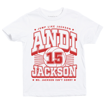 White Andi Jackson cotton t-shirt featuring a red graphic with the text JUMP LIKE JACKSON, ANDI, 15, JACKSON, and MS. JACKSON ISNT SORRY layered over a basketball net design.