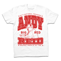 White tee with red text that says, "KC's National Treasure: Andy "Big Red" Reid. Greatest Coach of All Time." with an illustration of Andy Reid reading a play sheet.
