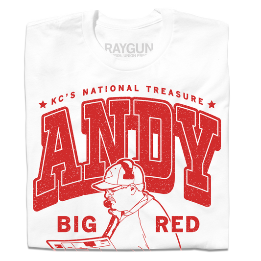 A white t-shirt with red text that reads "KC's National Treasure: Andy "Big Red" Reid. Greatest Coach of All Time." with an illustration of Andy Reid reading a play sheet.