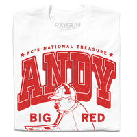 A white t-shirt with red text that reads "KC's National Treasure: Andy "Big Red" Reid. Greatest Coach of All Time." with an illustration of Andy Reid reading a play sheet.