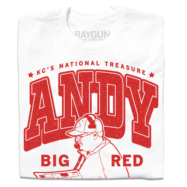 A white t-shirt with red text that reads 