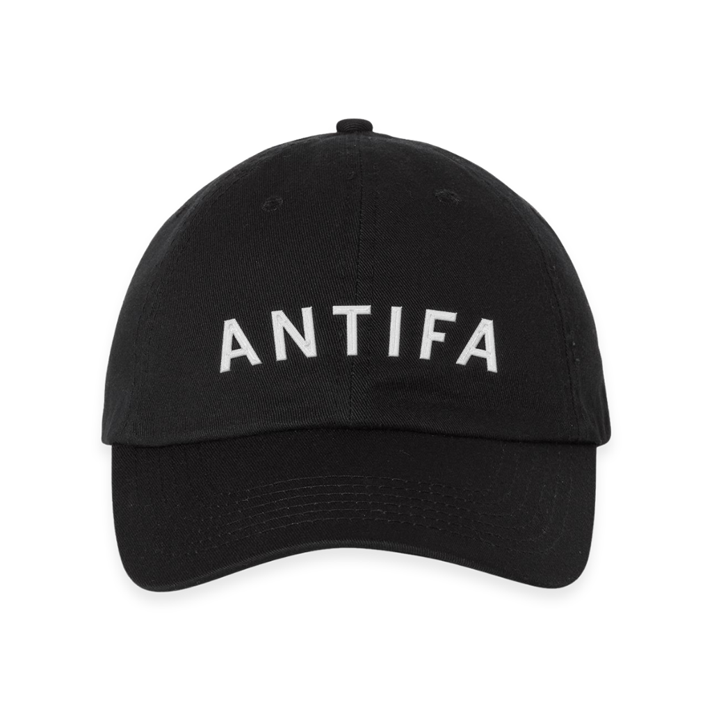 RAYGUN black baseball cap with ANTIFA embroidered in white lettering on the front.
