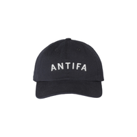 Black dad hat with white text that says, "ANTIFA"