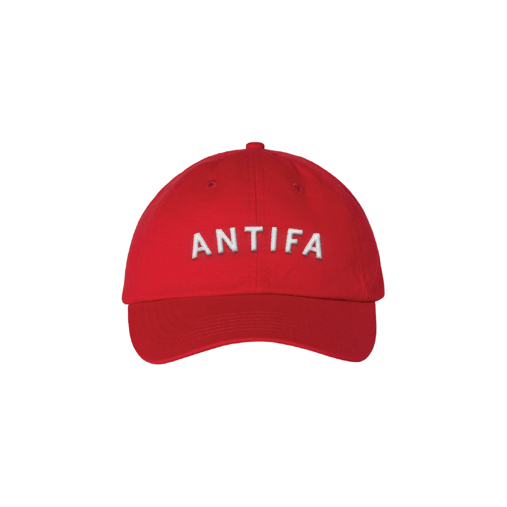 Red dad hat with white text that says, "ANTIFA"