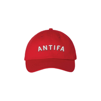 Red dad hat with white text that says, "ANTIFA"
