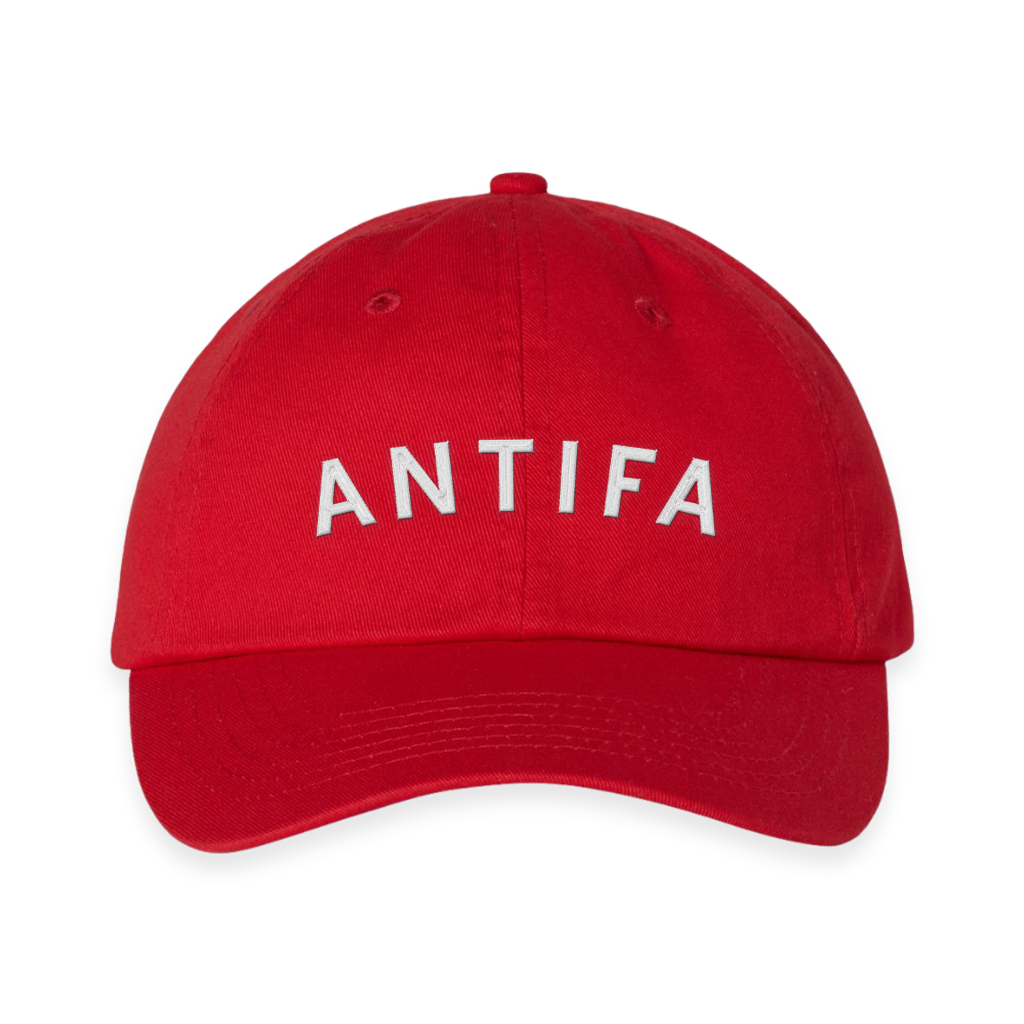 Red RAYGUN baseball cap with the word ANTIFA embroidered in white letters on the front.