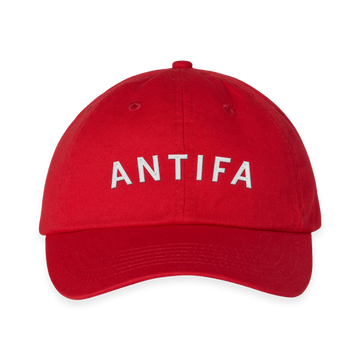 Red RAYGUN baseball cap with the word ANTIFA embroidered in white letters on the front.