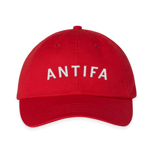 Red RAYGUN baseball cap with the word ANTIFA embroidered in white letters on the front.
