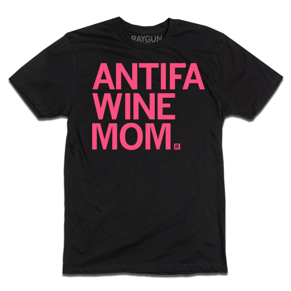 Black shirt with bright pink left aligned text that reads "ANTIFA Wine Mom"