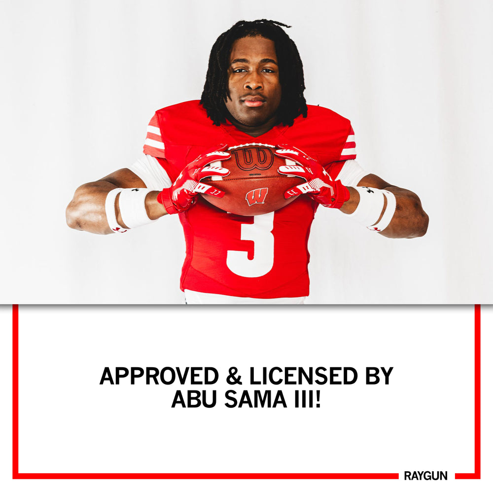 Promo image with Abu Sama III holding a football while in uniform. Text below reads "APPROVED & LICENSED BY ABU SAMA III"