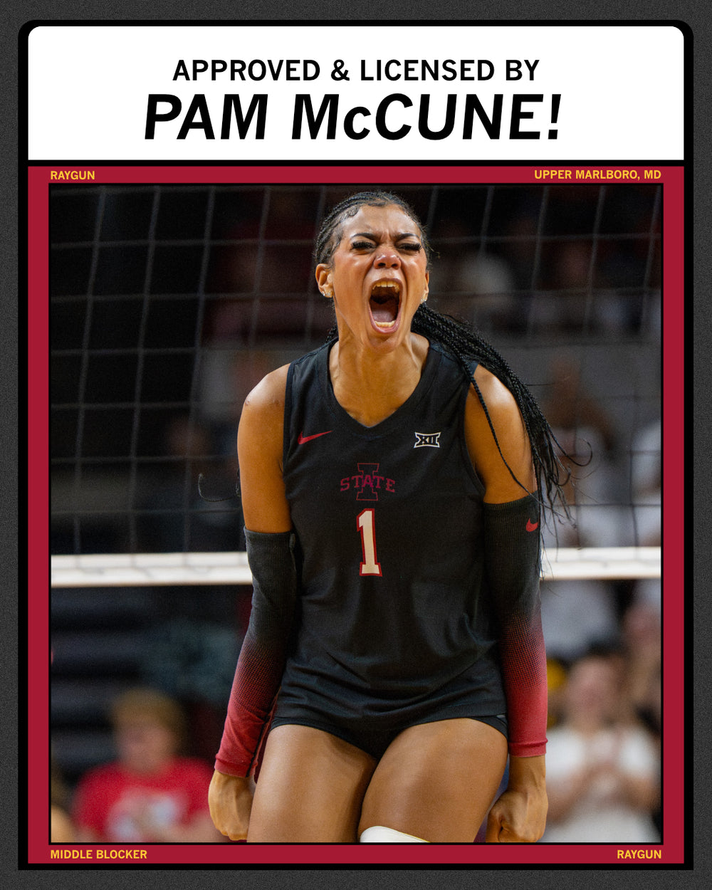A volleyball player wearing a black Iowa State jersey with the number 1 celebrates on the court under a Run PMC banner that reads Approved & licensed by Pam McCune!.