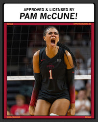 A volleyball player wearing a black Iowa State jersey with the number 1 celebrates on the court under a Run PMC banner that reads Approved & licensed by Pam McCune!.