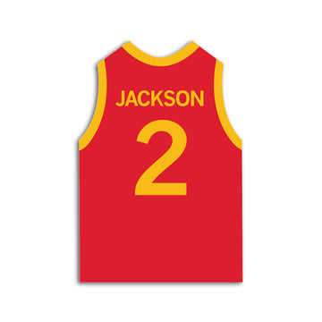 Officially licensed die-cut vinyl sticker of a red basketball jersey with yellow trim, featuring the name JACKSON and the number 2 in yellow.