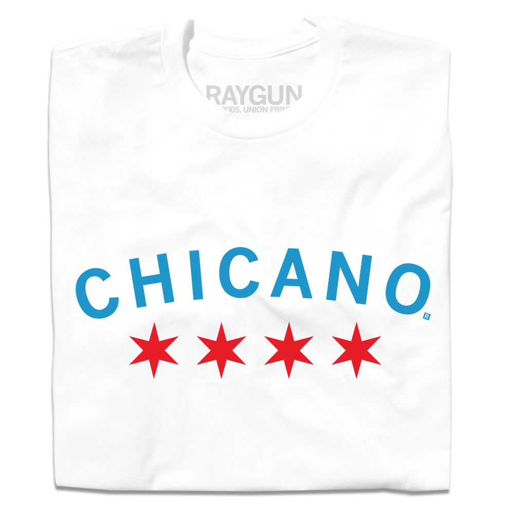 A folded white t-shirt with bright blue curved text that says, "CHICAGNO" above four red Chicago flag stars.