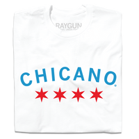 A folded white t-shirt with bright blue curved text that says, "CHICAGNO" above four red Chicago flag stars.