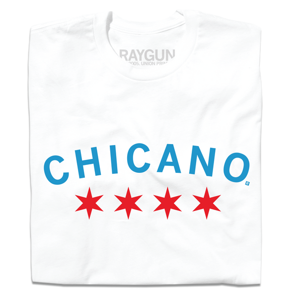 A folded white t-shirt with bright blue curved text that says, 