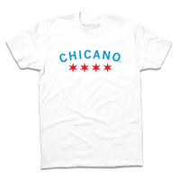 Short sleeve white t-shirt with Chicago flag color ink. "CHICANO" is printed in curved, blue text above four red stars.