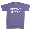 Short-sleeve heather purple t-shirt with centered white print text that reads "DECENT IOWAN."