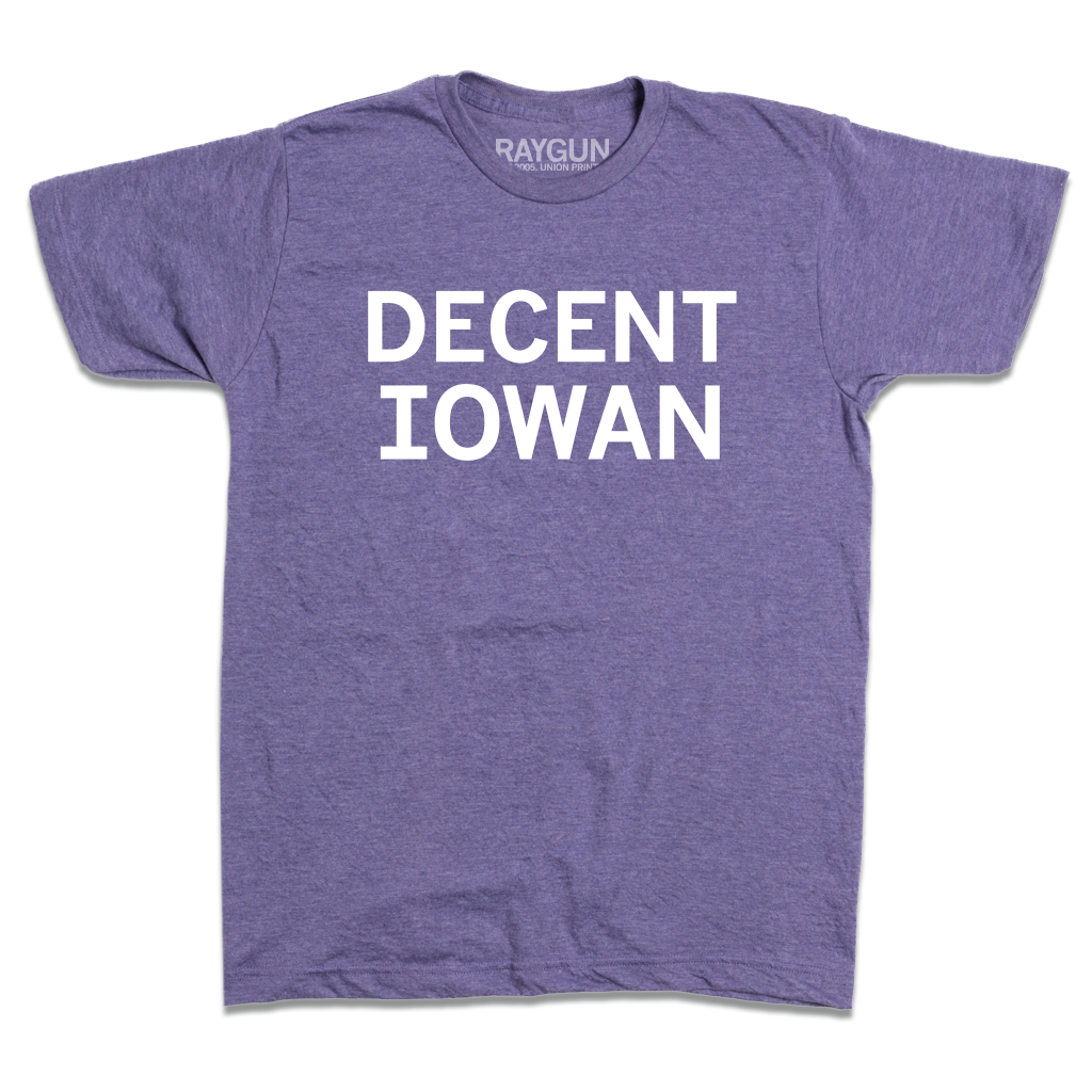 Short-sleeve heather purple t-shirt with centered white print text that reads "DECENT IOWAN."