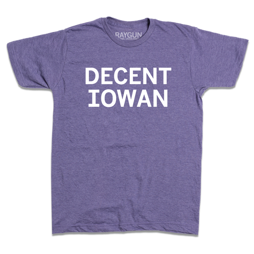 Short-sleeve heather purple t-shirt with centered white print text that reads "DECENT IOWAN."