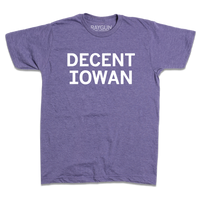 Short-sleeve heather purple t-shirt with centered white print text that reads "DECENT IOWAN."