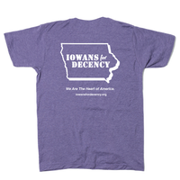 The back print of the same shirt with a white outline of Iowa and text inside that says, "IOWANS for DECENCY." Smaller text below reads "We Are The Heart of America. iowansfordecency.org